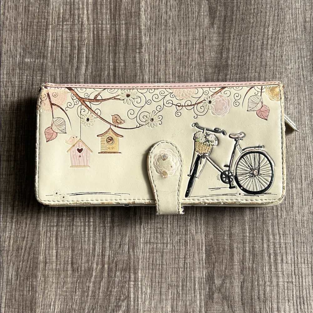 Shag Wear “let’s go for a ride” Wallet Postcard‎ Bike Birds Faux Leather Cream